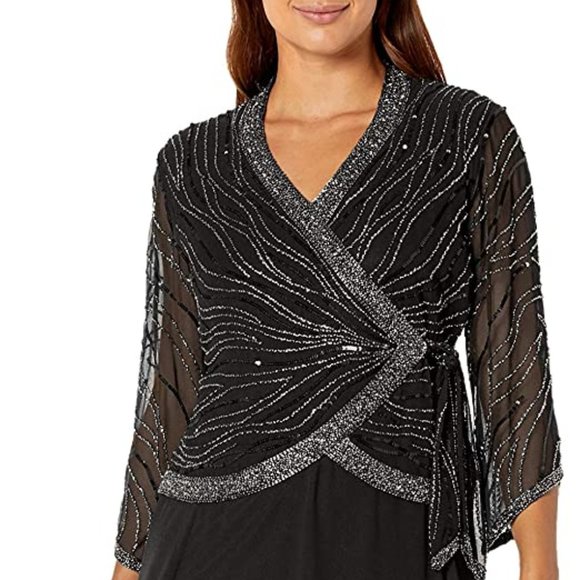 J Kara Faux Wrap Black Beaded Dress - Picture 2 of 14